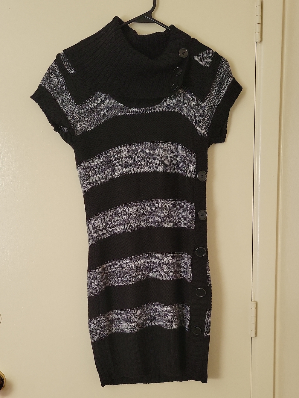 Black & Gray Striped Knit Button-Accent Sweater Dress